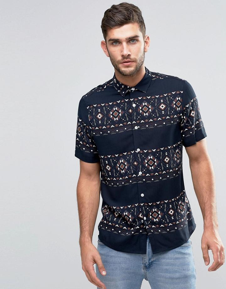 Asos Geo-tribal Print Shirt In Navy With Short Sleeves In Regular Fit - Navy