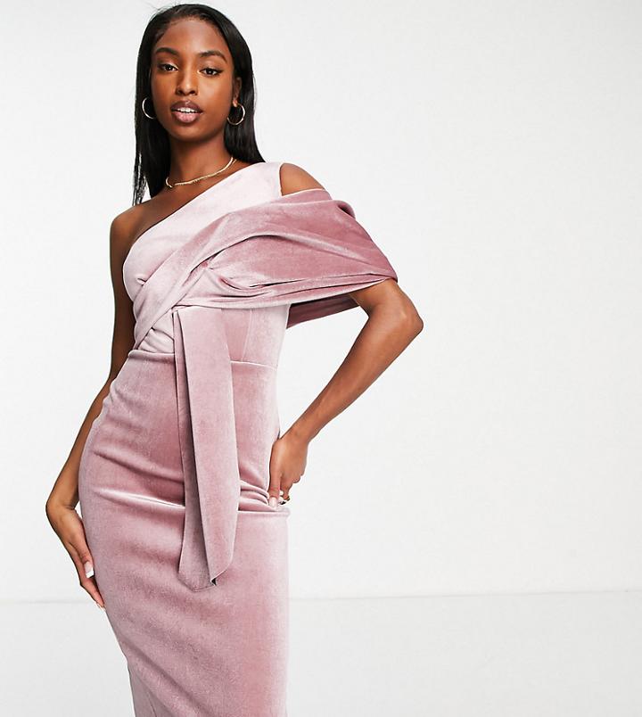 Asos Design Tall Velvet Peekaboo Shoulder Tuck Midi Pencil Dress In Rose Pink