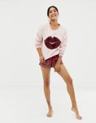 Hunkemoller Twill Check Kiss Pyjama Shorts In Red-pink