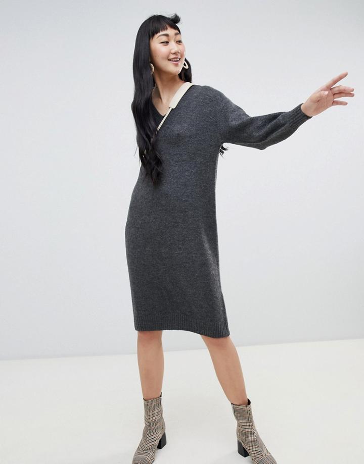 Monki V-neck Knitted Dress In Gray - Gray
