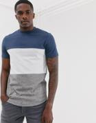 Asos Design Longline T-shirt With Curved Hem In Blue Color Block
