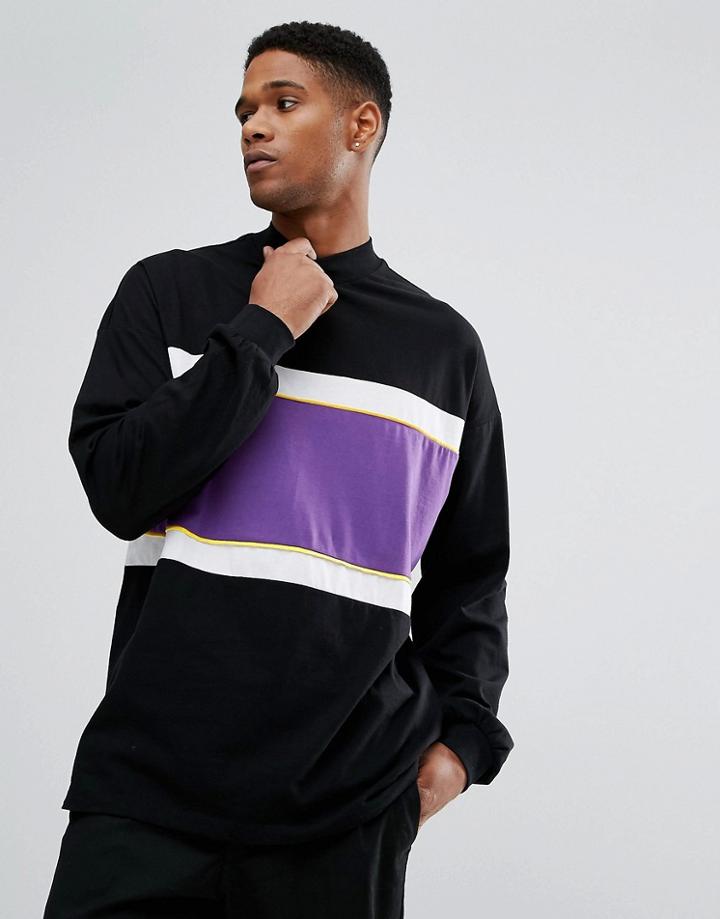 Asos Oversized Long Sleeve T-shirt With Bellow Sleeve And Color Blocking And Piping - Black
