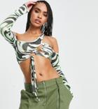 Asyou Tie Detail Asymmetrical Shoulder Crop Top In Zebra Print-multi