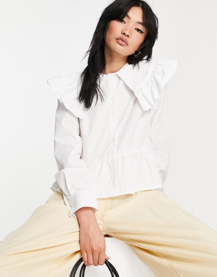 Asos Design Long Sleeve Cotton Ruffle Blouse In Ivory-white