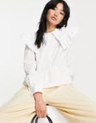 Asos Design Long Sleeve Cotton Ruffle Blouse In Ivory-white