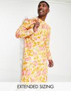 Asos Design Kurta Longline Linen Shirt With Floral Design In Pink & Yellow