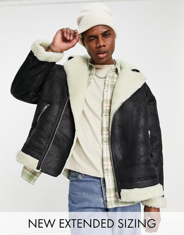 Asos Design Oversized Biker Jacket With Sherpa Lining In Black