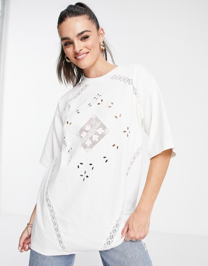 Topshop Crochet Detail Oversized T-shirt In Ecru-white