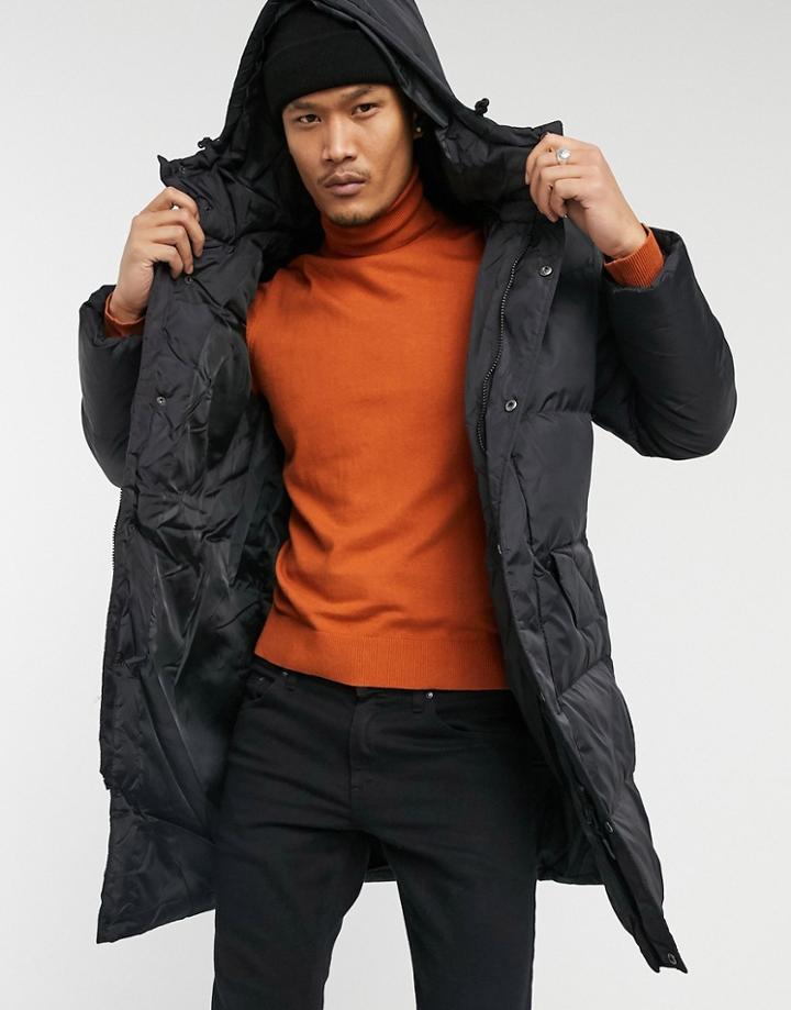 Brave Soul Padded Hooded Longline Jacket In Black