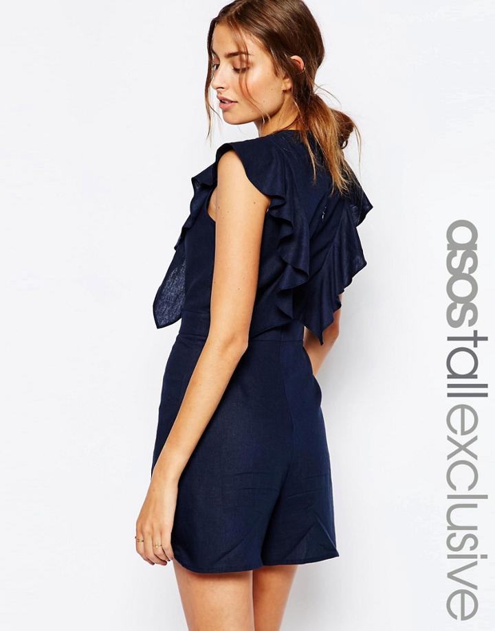 Asos Tall Ruffle Romper With Button Back - Navy