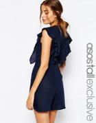 Asos Tall Ruffle Romper With Button Back - Navy