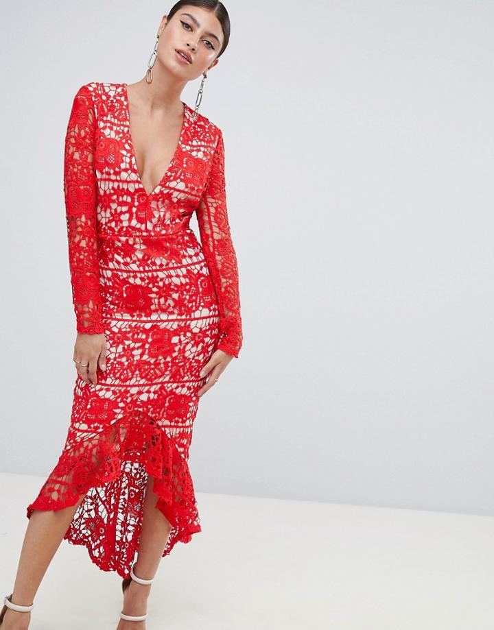 Missguided Long Sleeve Lace Fishtail Midi Dress - Red