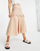 Asos Design Eyelet Insert Fluted Midi Skirt In Beige-white