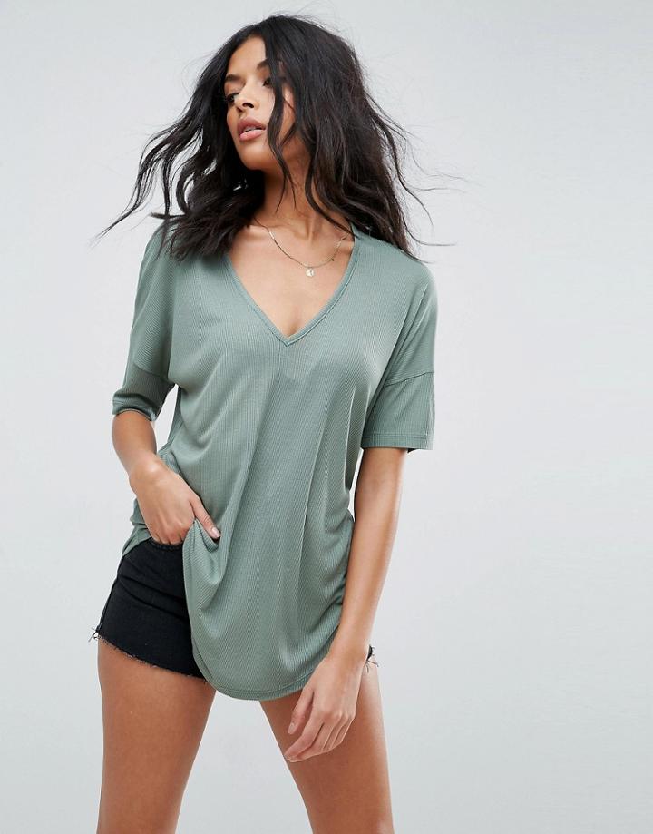 Asos Slouchy Oversized T-shirt In Rib - Green