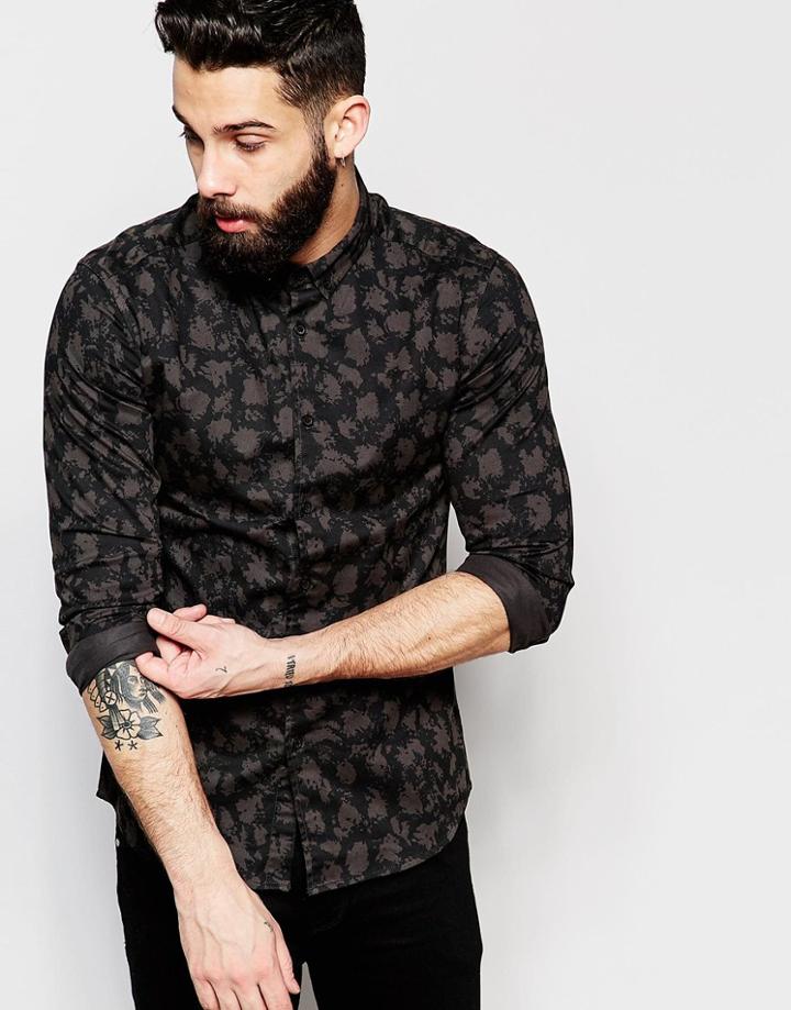 Asos Skinny Shirt In Abstract Camo Print