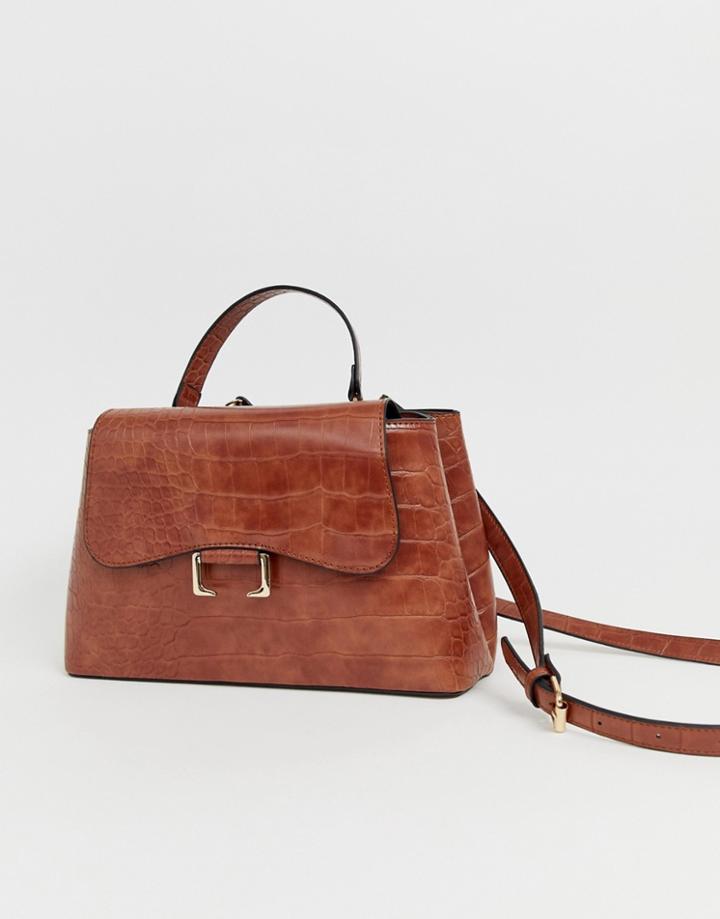Asos Design Croc City Bag With Curved Flap Detail-tan