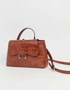 Asos Design Croc City Bag With Curved Flap Detail-tan