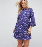 Asos Curve Swing Dress With V Back And Frill In Ditsy Floral Print - Multi