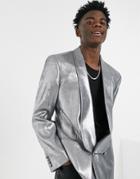 Asos Design Slim Longline Blazer In Metallic Silver With Wide Lapels