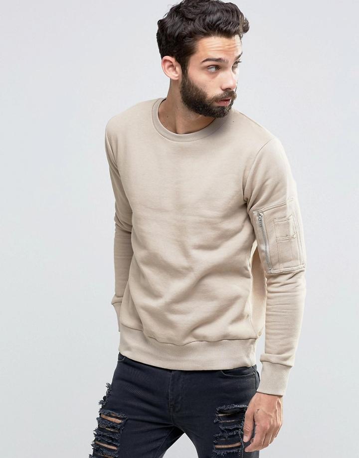 Brave Soul Crew Neck Military Sweater - Cream