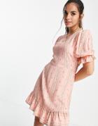 Miss Selfridge Frill Hem Fit & Flare Mini Dress In Wallpaper Stripe Floral-pink