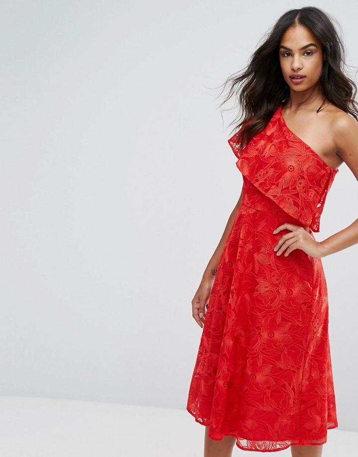 Warehouse Floral Jacquard One Shoulder Dress - Red
