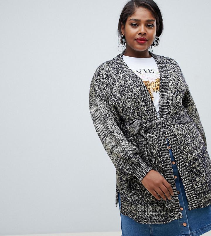 Lost Ink Plus Oversized Cardigan With Belted Waist In Chunky Contrast Knit - Multi