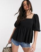 Asos Design Textured Peplum Top With Lace Up Back In Black