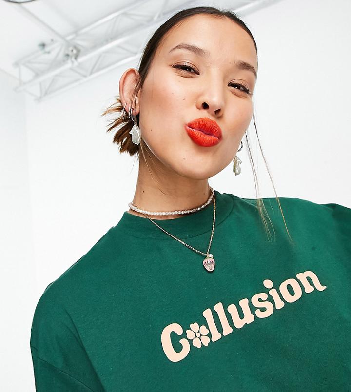 Collusion Unisex T-shirt With Logo Print In Khaki Set-green