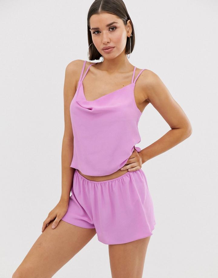 Asos Design Satin Cowl Neck Open Back Cami & Short Set - Purple