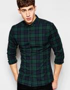Asos Skinny Blackwatch Check Shirt In Twill With Long Sleeves - Navy