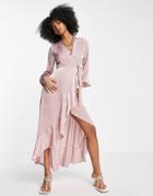 Flounce London Long Sleeve Wrap Maxi Dress In Blush Pink