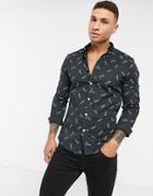 Asos Design Slim Fit All Over Leaf Print Shirt In Navy