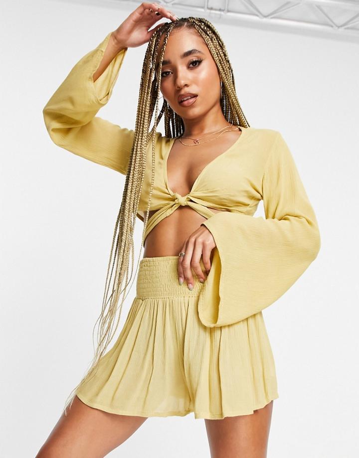 South Beach Viscose Crepe Front Knot Top And Shirred Waist Shorts-neutral