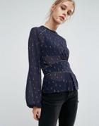 Pepe Jeans Louise Ruched Waist Printed Blouse - Navy