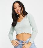 Asos Design Petite Top With Notch Neck And Contrast Stitching In Sage-white