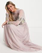 Frock And Frill Bridesmaid Maxi Dress With Pleated Skirt And Embellished Top In Dusty Mauve-purple