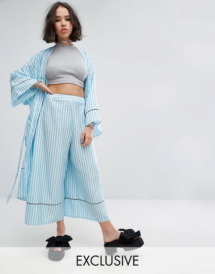 Reclaimed Vintage Inspired Striped Wide Leg Pants With Piping - Blue