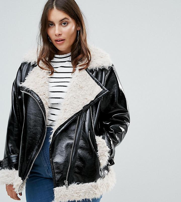 Asos Curve Cracked Vinyl Biker Jacket With Curly Borg Liner - Black
