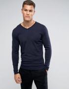 Selected Homme V Neck Knit In Cotton Silk - Navy