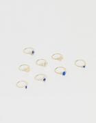 Asos Design Pack Of 8 Rings With Engraved Coin Details And Blue Stones In Gold Tone