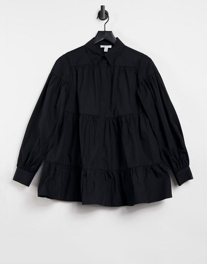 Topshop Tiered Poplin Shirt In Black