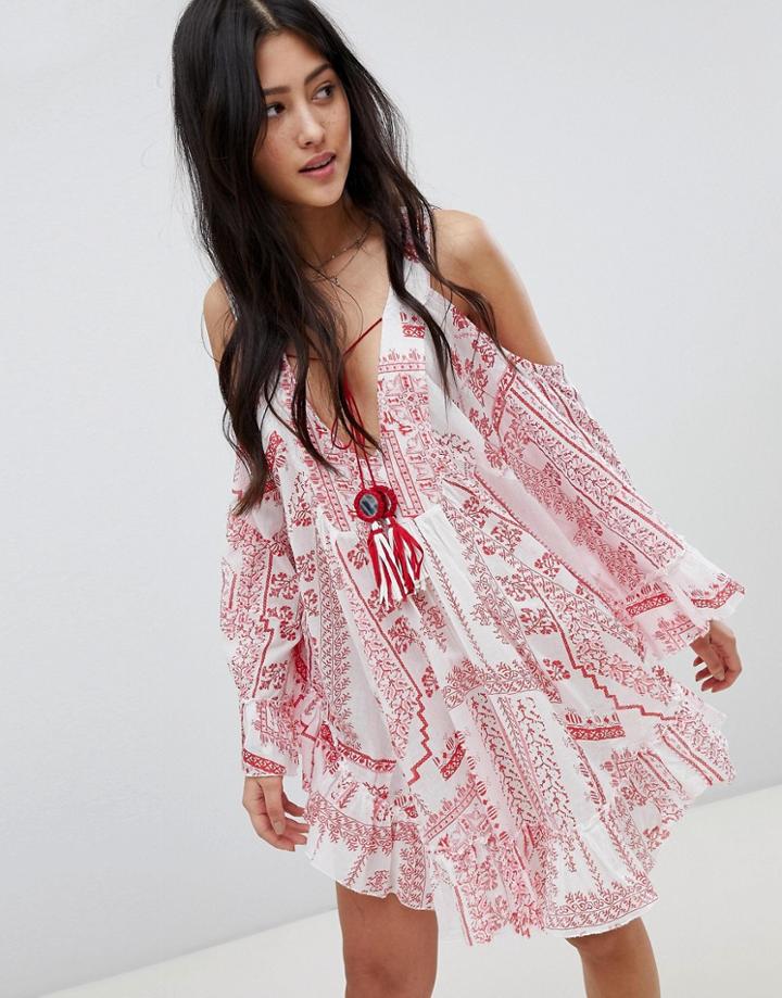 Asos Design Cold Shoulder Tile Print Beach Dress With Mirror Trim Detail - Multi