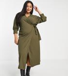 Outrageous Fortune Plus Wrap Midaxi Dress With Puff Sleeves In Khaki-green