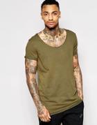 Asos Longline T-shirt With Heavy Wash And Roll Sleeve - Spinach