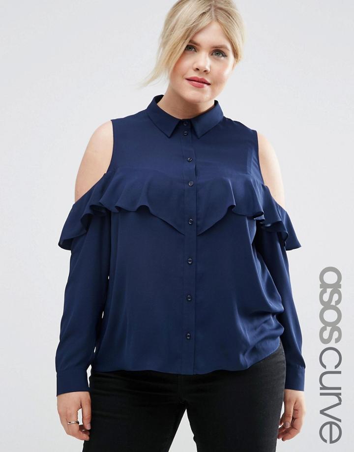 Asos Curve Cold Shoulder Ruffle Detail Blouse - Navy