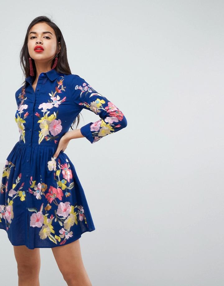 Asos Premium Embroidered Button Through Shirt Skater Dress - Blue