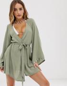 Asos Design Beach Kimono With Faux Shell Trim Sleeves-green