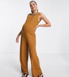 Asos Design Maternity Rib Sleeveless Smock Jumpsuit In Tobacco-brown