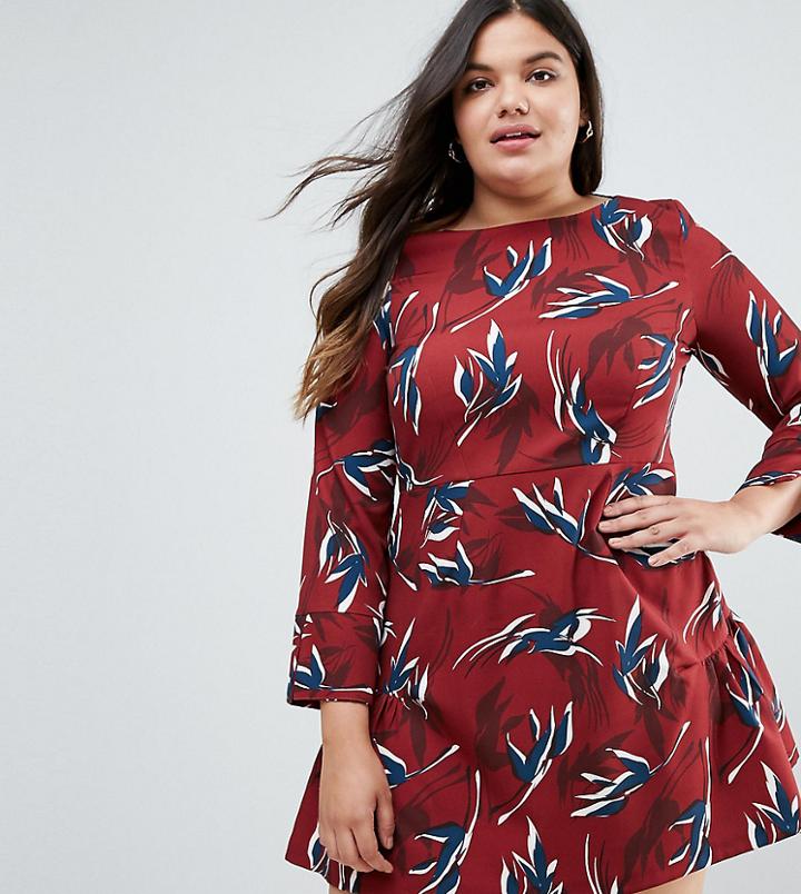 Closet London Plus Fluted Hem Skater Dress In Leaf Floral - Multi